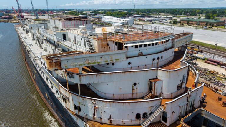 SS United States sem chaminés atracado em Mobile durante preparação para afundamento controlado na Flórida