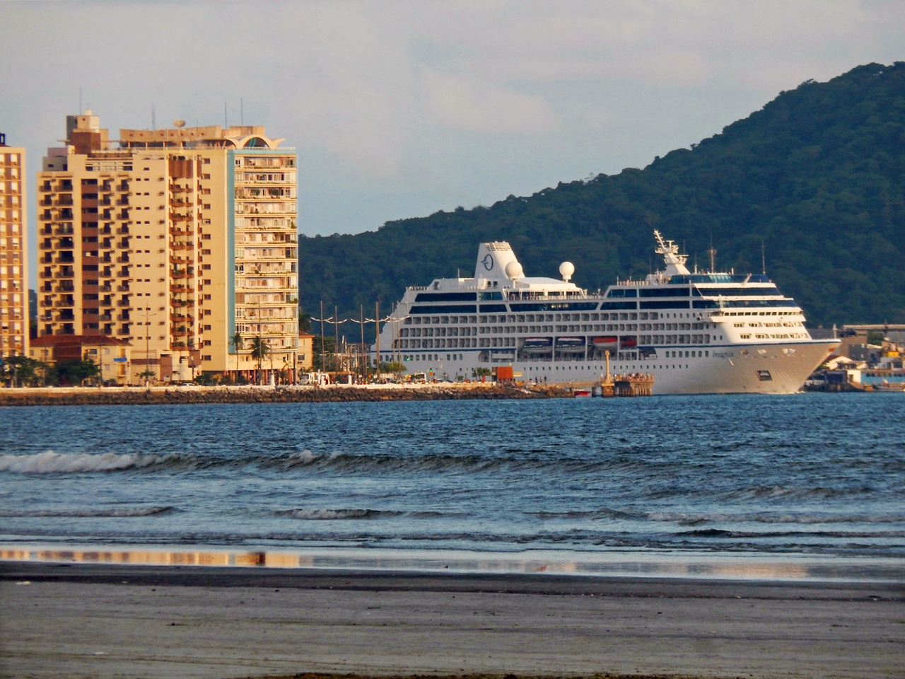 Navio de cruzeiro no horizonte navegando no mar visto a partir da faixa de areia, com edifícios residenciais altos à esquerda da orla de Santos