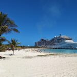 Areia branca e coqueiros em primeiro plano, com o MSC Divina ao fundo durante escala em Ocean Cay