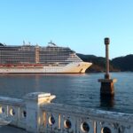 Um dos destaques da temporada, o MSC Seaview é visto deixando o Porto de Santos na imagem, com a mureta da Ponta da Praia e o monumento em homenagem a Dom Henrique em primeiro plano